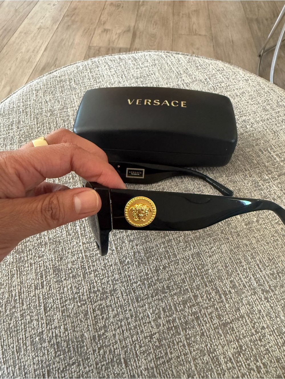Versace Black Cat-Eye Sunglasses with Gold Medallion Accent - Picture 4 of 6